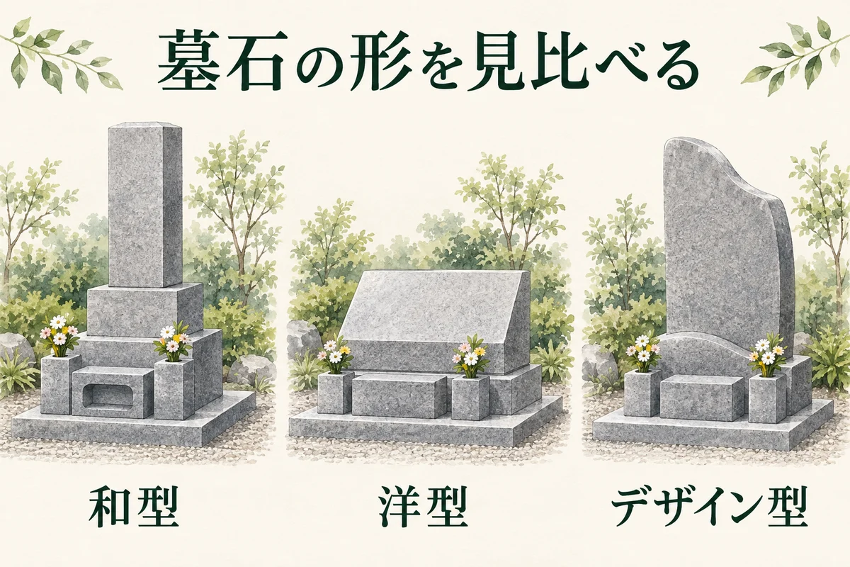 和型・洋型・デザイン型の墓石の形を並べた説明用イラスト