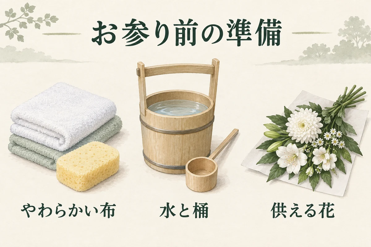 お参り前に準備する、やわらかい布・水と桶・供える花のイラスト