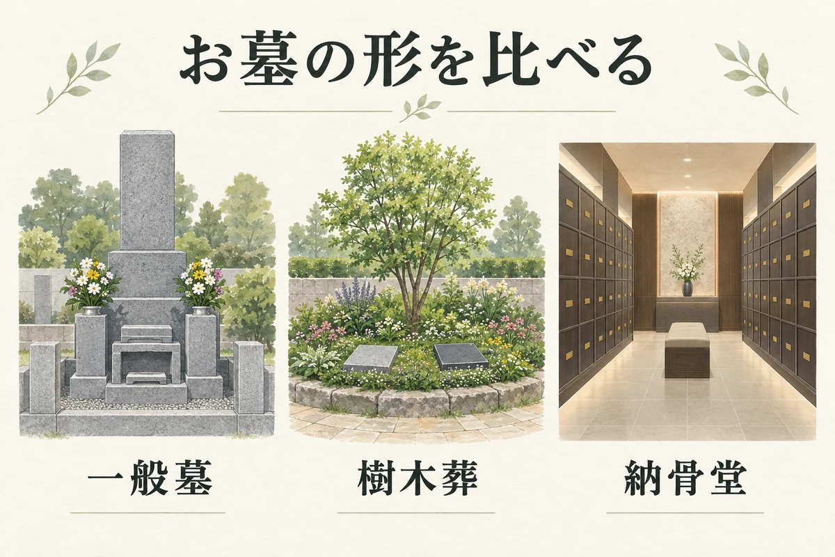 一般墓・樹木葬・納骨堂の形を並べて比べるイラスト