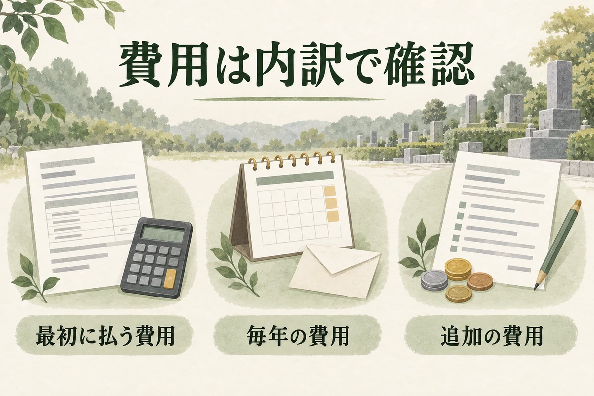 費用を、最初に払う費用・毎年の費用・追加の費用に分けて確認するイラスト