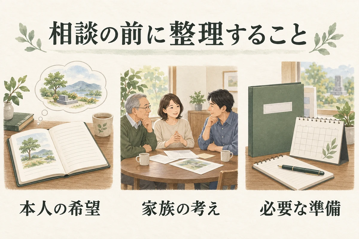 本人の希望・家族の考え・必要な準備を整理するイラスト