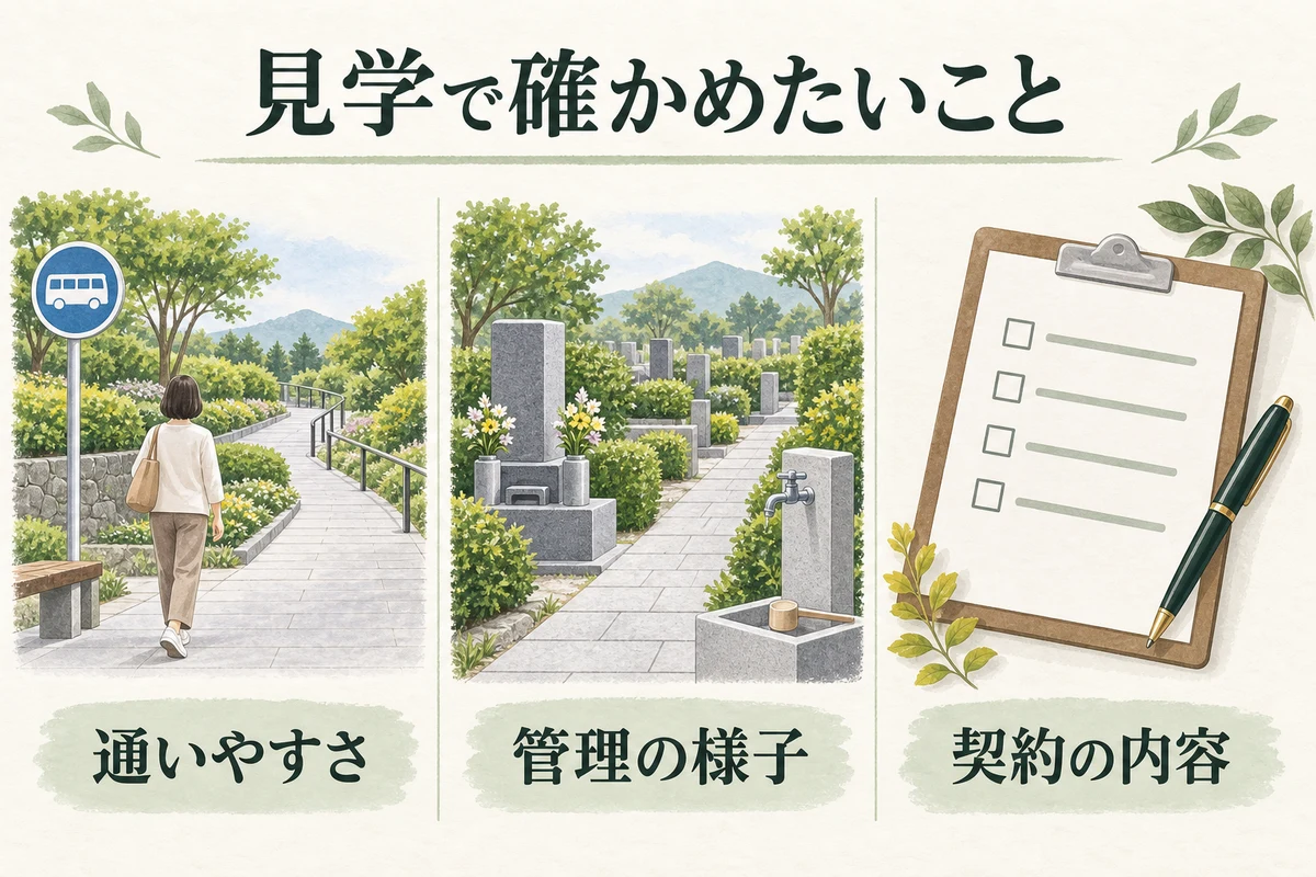 見学で通いやすさ・管理の様子・契約の内容を確認するイラスト